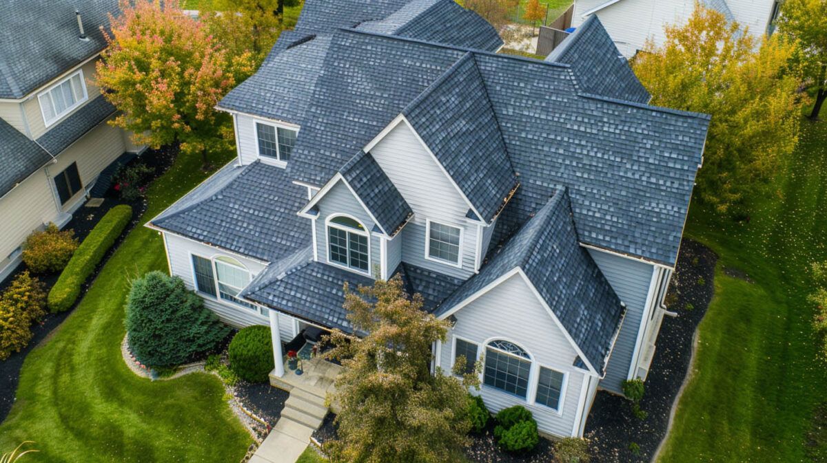 Aerial view of a suburban house with gray roof, white siding, and landscaped yard.