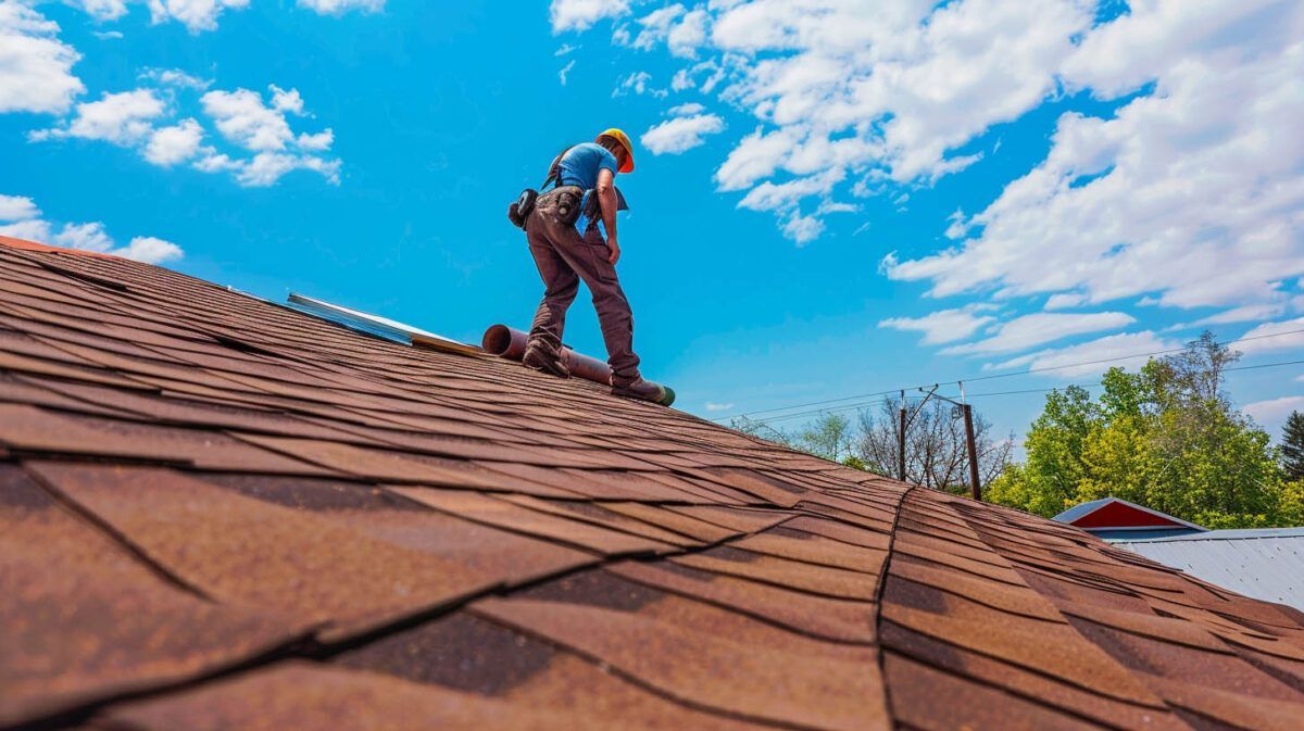 Roofer repairing red shingles on a sloped roof under a blue sky