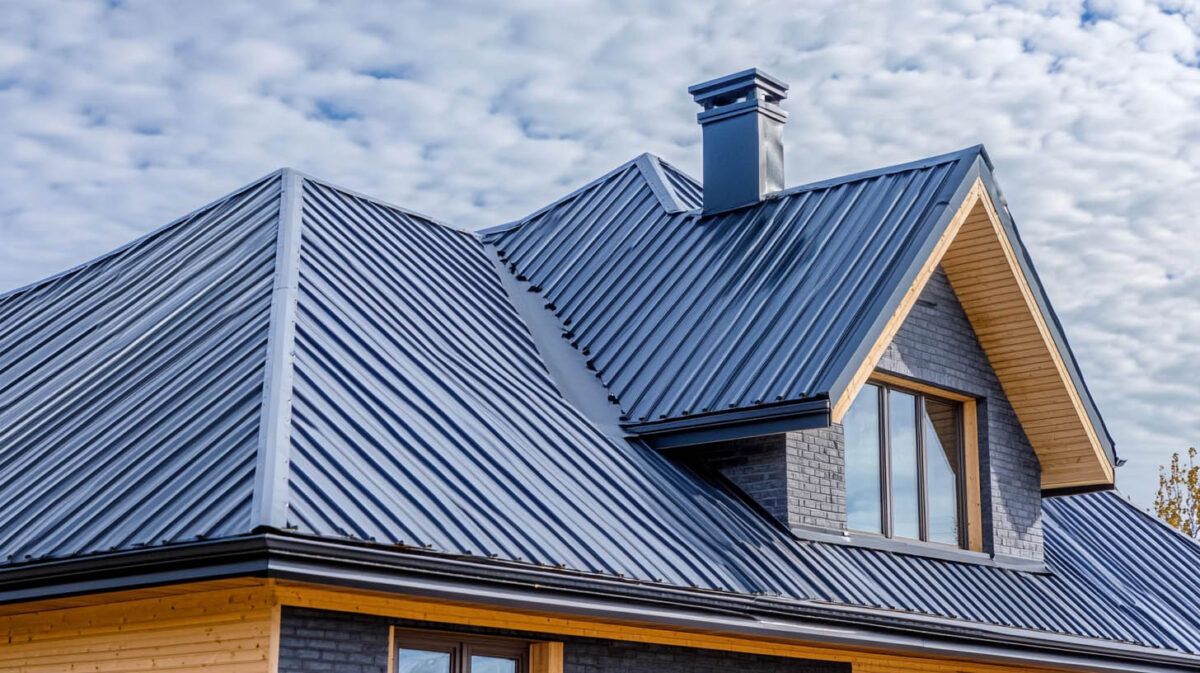 Blue metal roof with dormer windows on a house under a cloudy sky