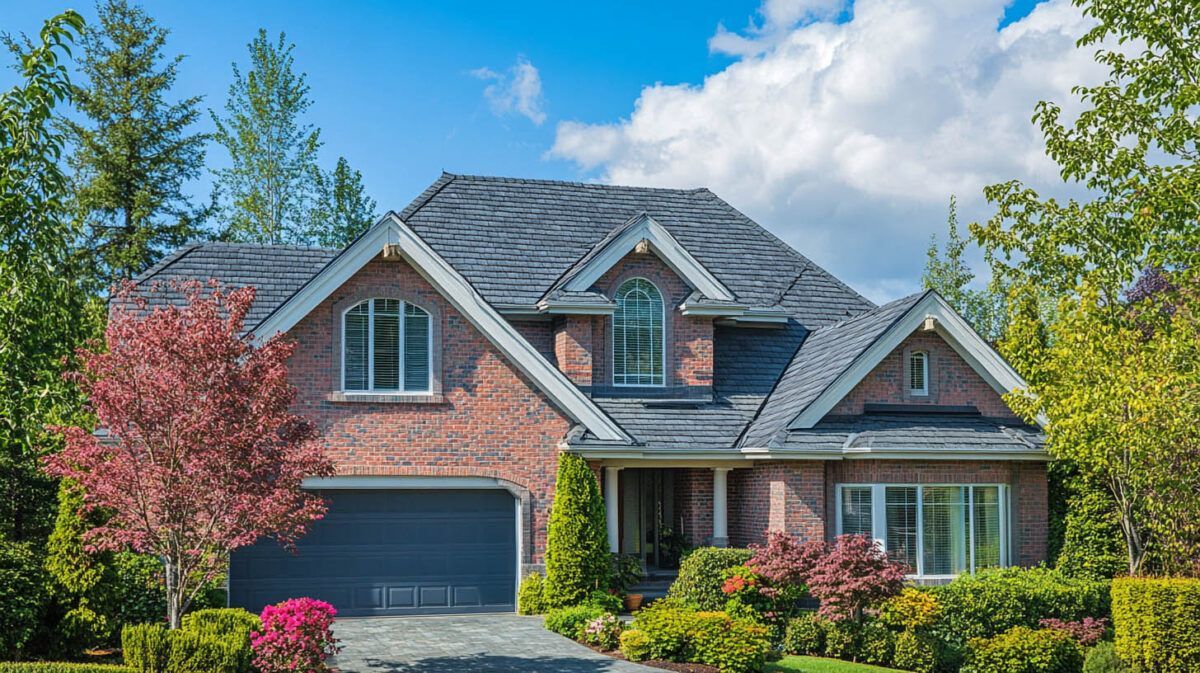 Brick house with a dark roof, garage, and colorful garden under a blue sky