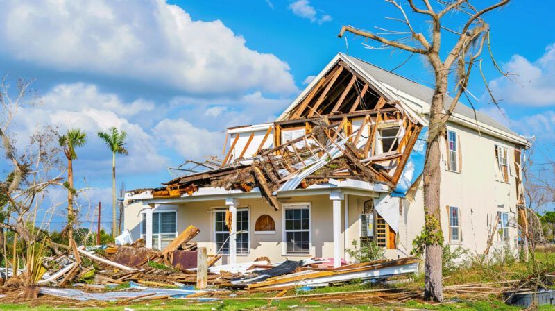 Storm-damaged house with collapsed roof, broken windows, and debris under a blue sky