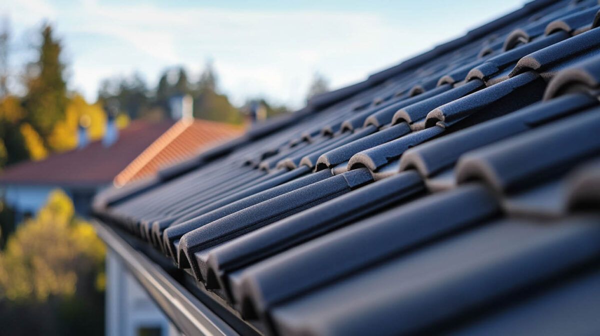 Close-up of a dark gray tiled roof with blurred autumn trees and houses in the background