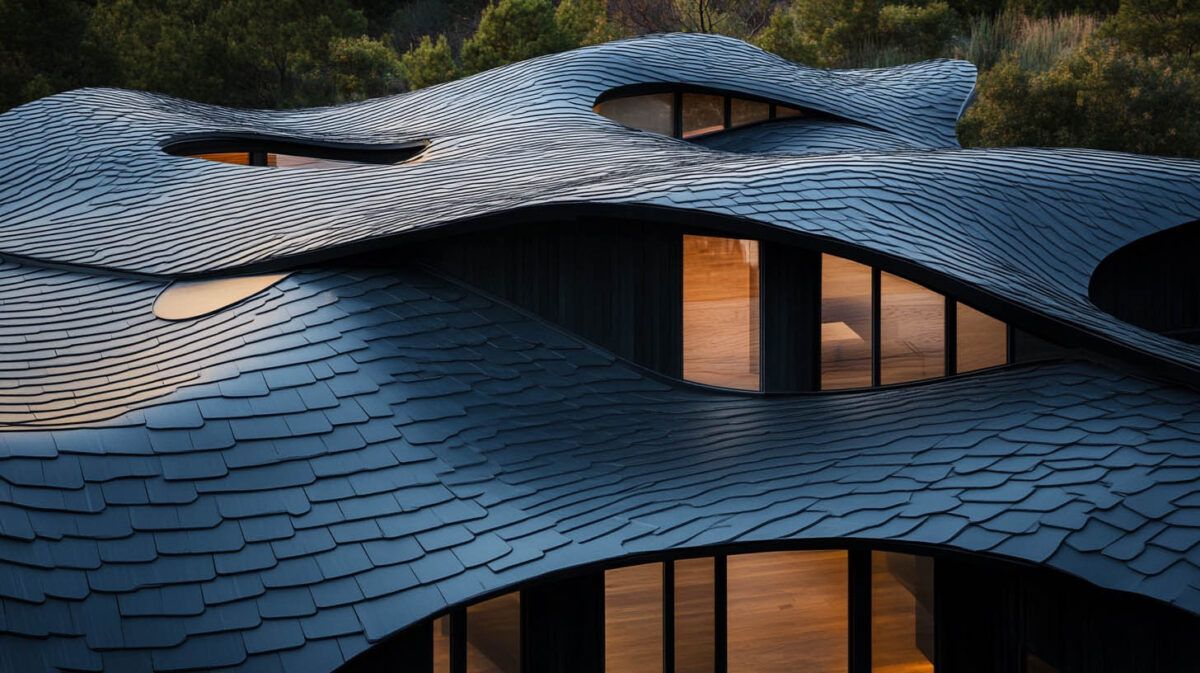 Curved blue-shingled modern building with warm-lit windows at dusk