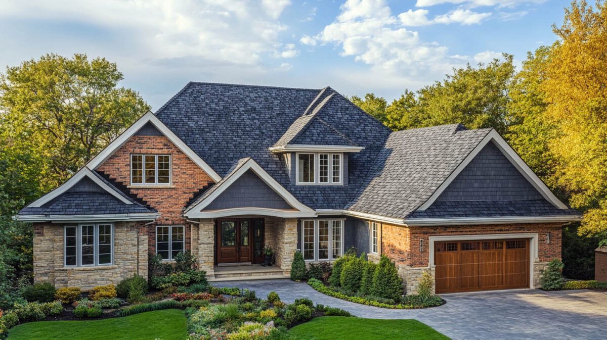 Stone suburban house with dark roof, dormers, and a two-car garage, framed by green landscaping and autumn trees