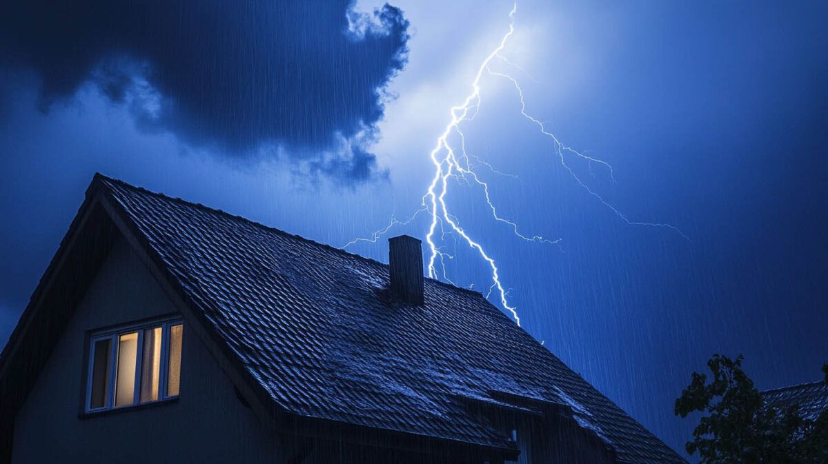 Lightning striking near a house at night under dark storm clouds