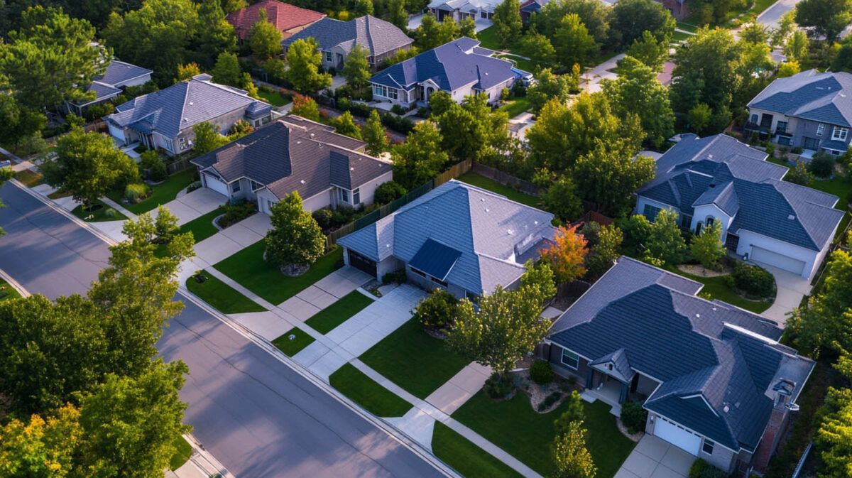 Aerial view of a suburban neighborhood with tree-lined streets and houses with neatly kept lawns