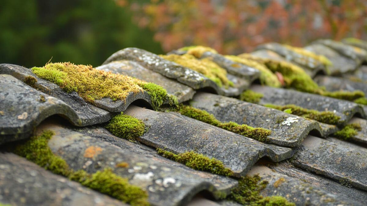 Moss-covered gray roof tiles in close-up, showing weathered texture and green growth