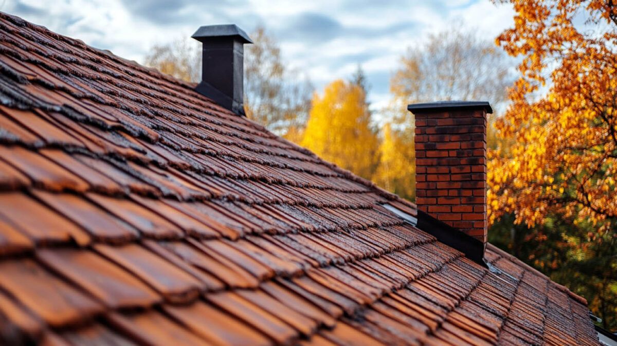 Red tiled roof with two chimneys against an autumn tree-lined sky