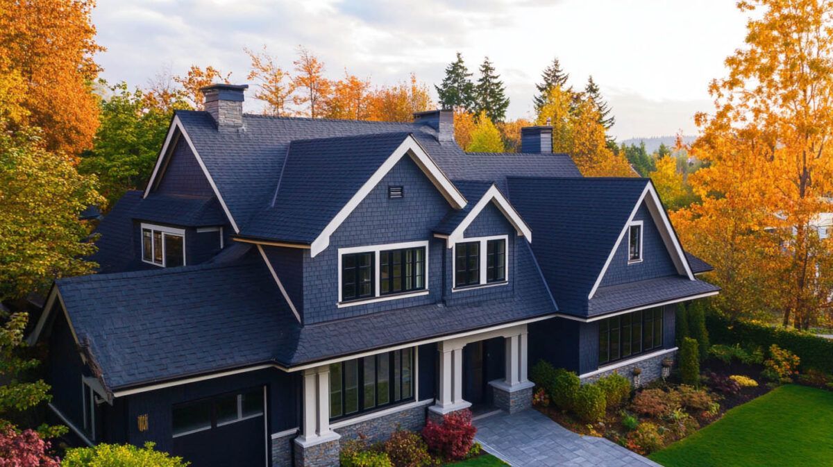 Dark blue house with white trim surrounded by autumn trees and shrubs