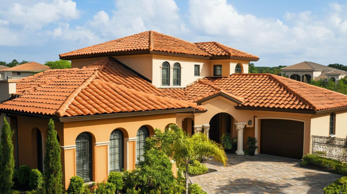 Large Mediterranean-style house with terracotta roof, arched windows, and a driveway in a sunny neighborhood