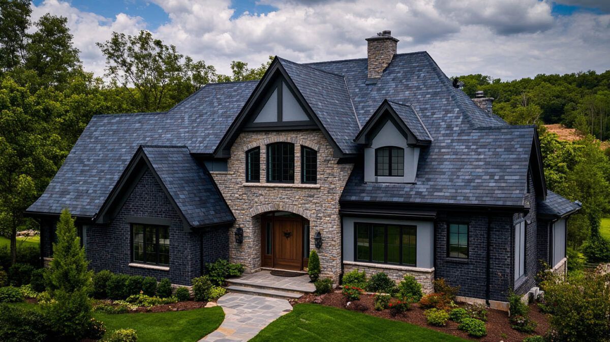 Stone house with dark gray roof, arched entryway, and landscaped front yard under a cloudy sky