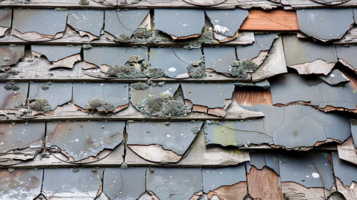 Peeling blue-gray shingle wall with damaged, curling tiles and exposed underlayers