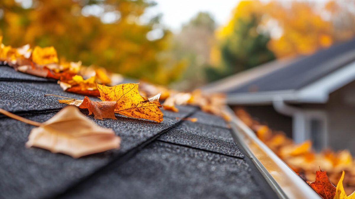Autumn leaves scattered on a shingled rooftop with a house blurred in the background