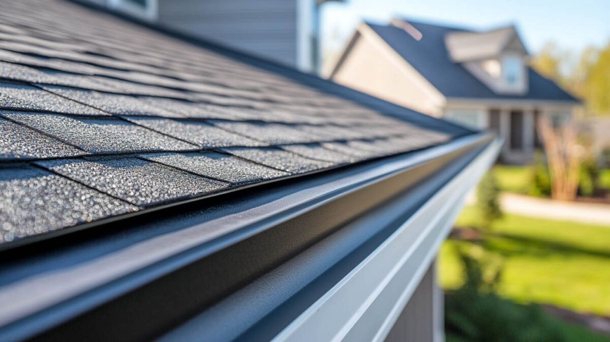 Close-up of a shingled roof and white gutter line on a suburban house, with another house blurred in the background