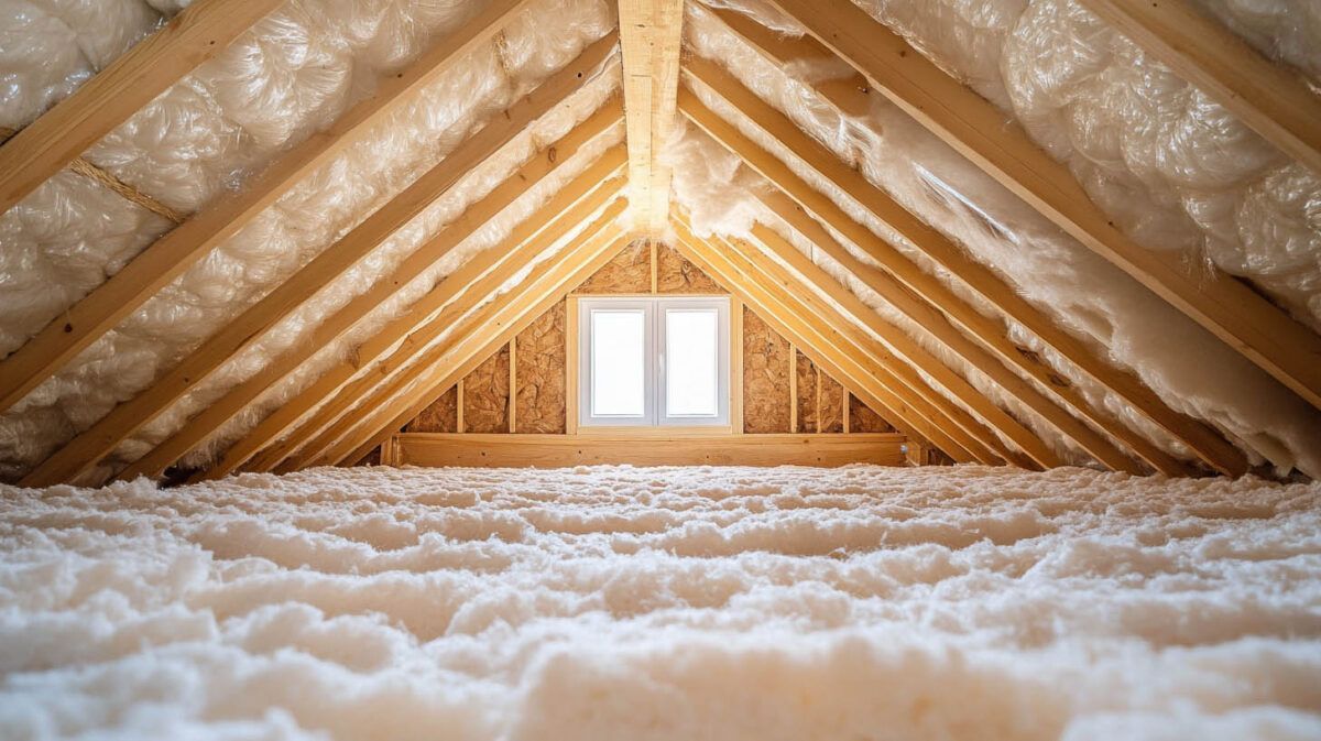 Insulated attic with exposed wooden rafters and white insulation, centered on a small window.