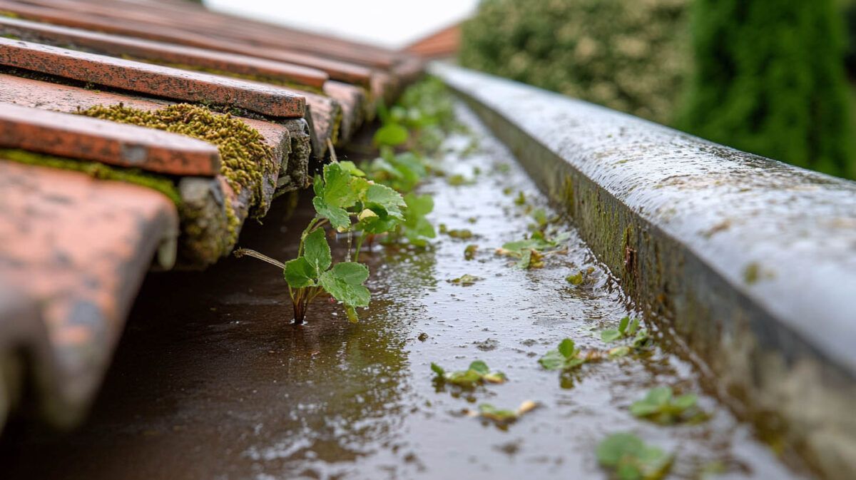 Rainwater pooled beside roof tiles and a metal gutter, with moss and small green plants growing.