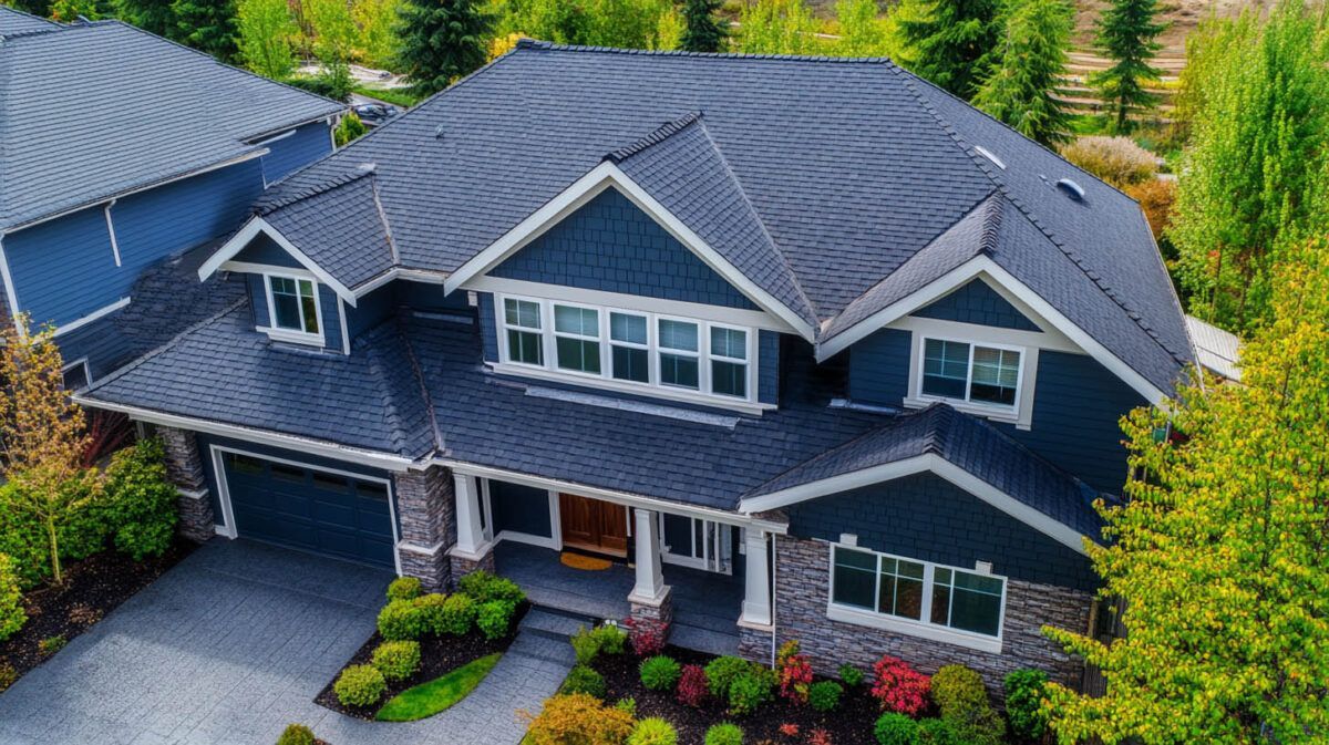 Large dark-gray two-story house with a gabled roof, white trim, and landscaped front yard