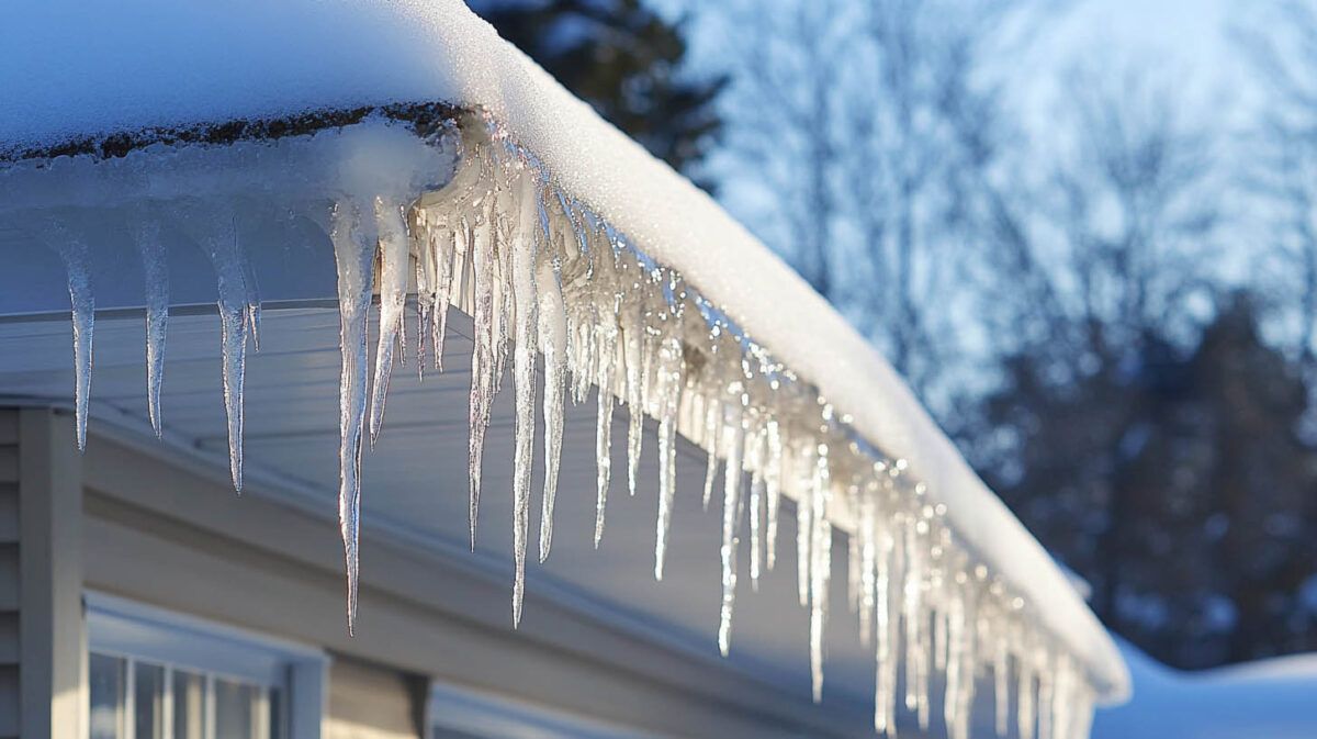 Icicles hanging from a snow-covered roof edge against a winter sky