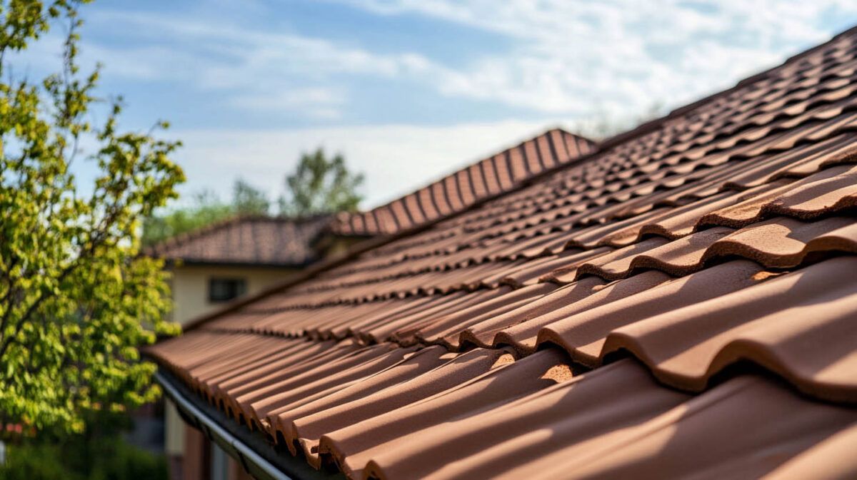 Brown tile roofs of suburban houses beside a leafy green tree under a clear sky