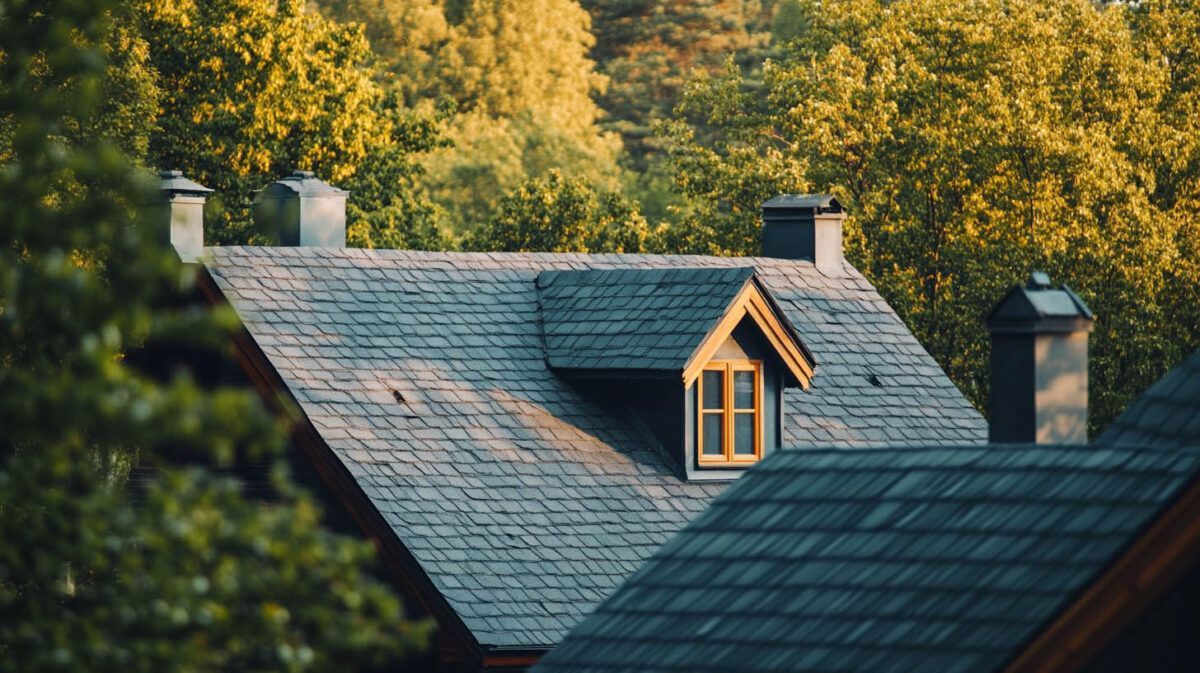 Slate-roofed house with dormer window, framed by trees in warm evening light