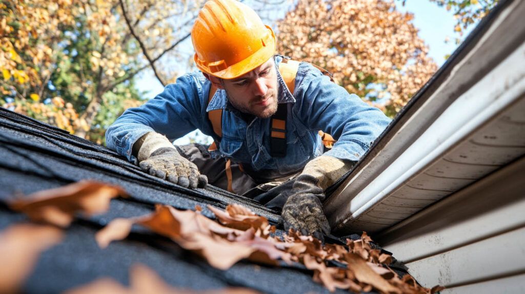 Worker in a yellow hard hat clearing leaves from a roof gutter using a rake.