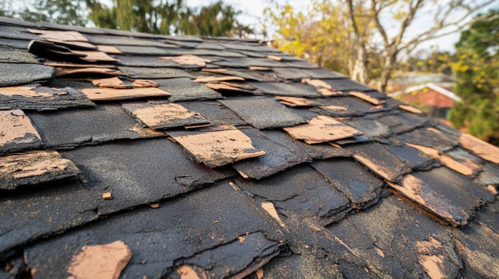 Damaged shingled roof with missing black shingles and exposed brown underlayment