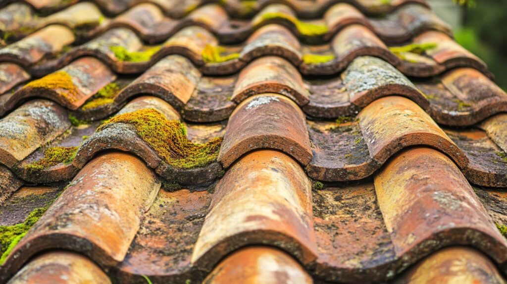 Weathered terracotta roof tiles with moss and lichen in close-up