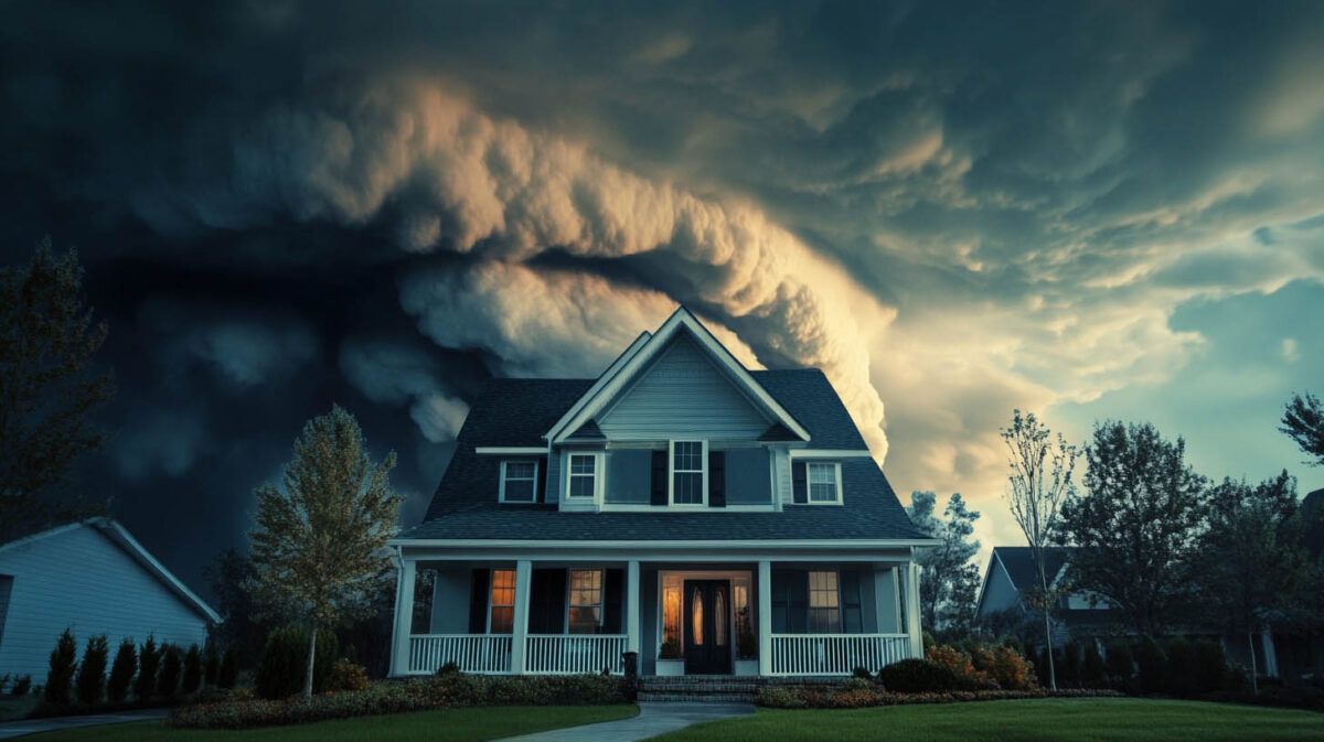 House engulfed by a massive smoke cloud under a dark, stormy sky at dusk