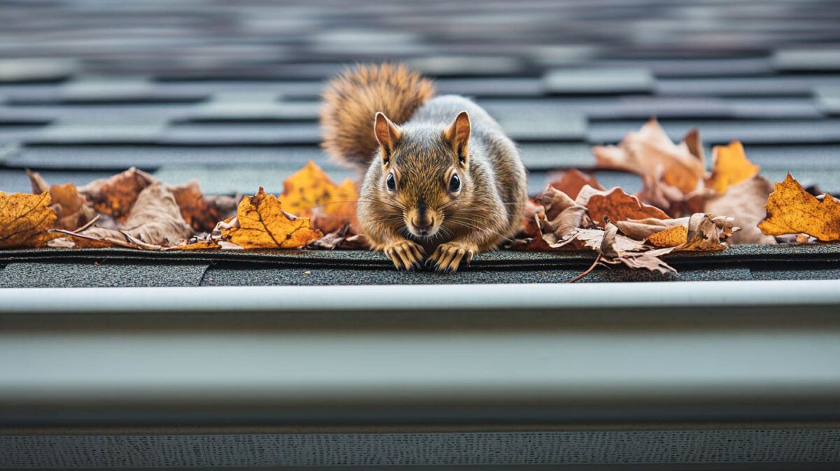 A squirrel on a rooftop edge among autumn leaves, facing forward.
