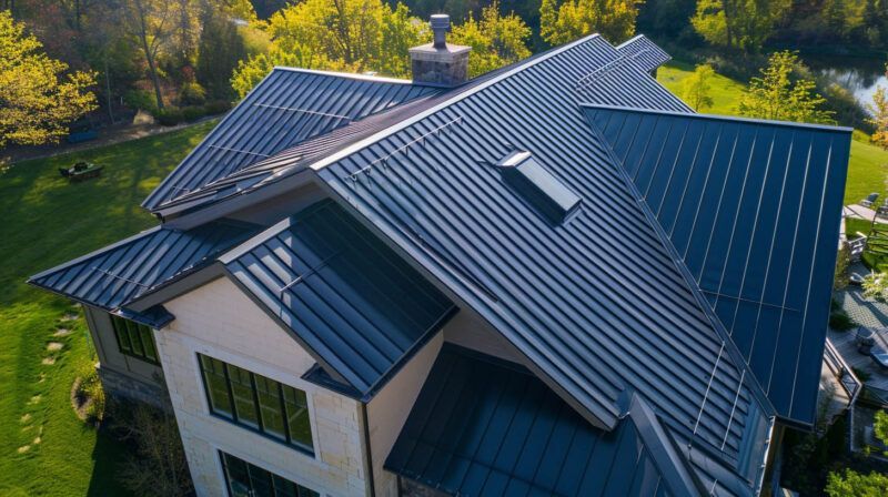 Aerial view of a house with a dark metal roof surrounded by green trees.