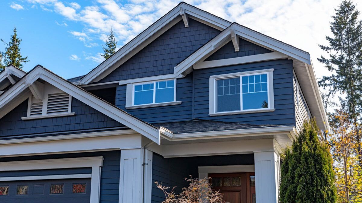 Blue two-story house exterior with garage and gabled roof under a clear sky
