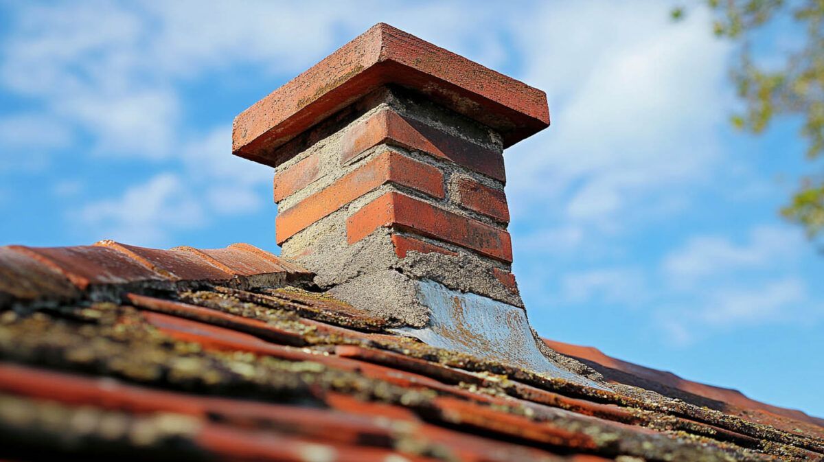 Red brick chimney on a weathered roof against a blue sky