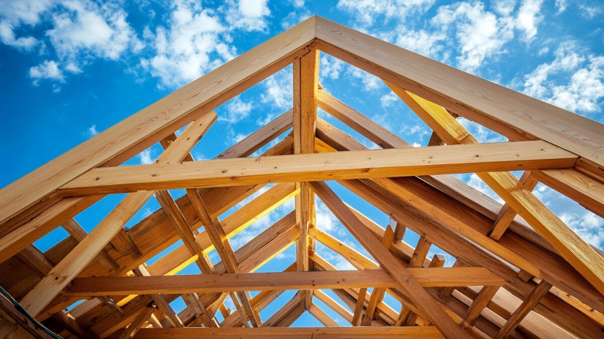 Wooden roof trusses under construction against a bright blue sky with clouds
