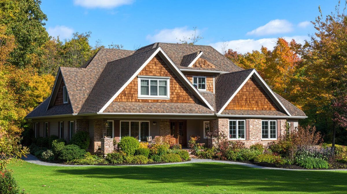 Charming stone-and-wood suburban house with a steep roof, front porch, and lush green lawn in autumn