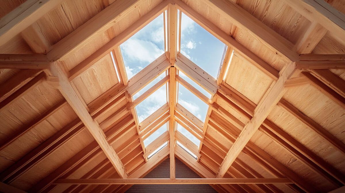 Wooden vaulted ceiling with exposed beams and skylights letting in blue sky