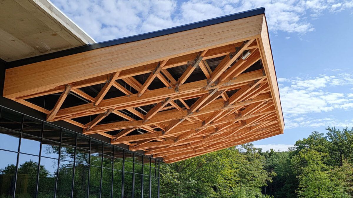 Wooden lattice roof over a modern glass building, with blue sky and trees in the background