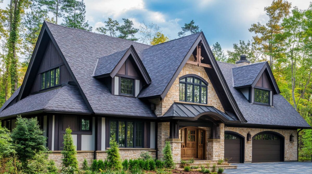 Modern gray-roofed house with stone accents, dormer windows, and a front garage surrounded by trees.