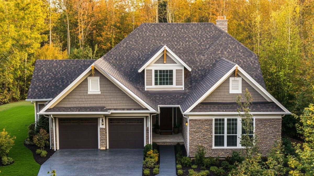 Modern gray house with a gabled roof, garage, and autumn trees in the background