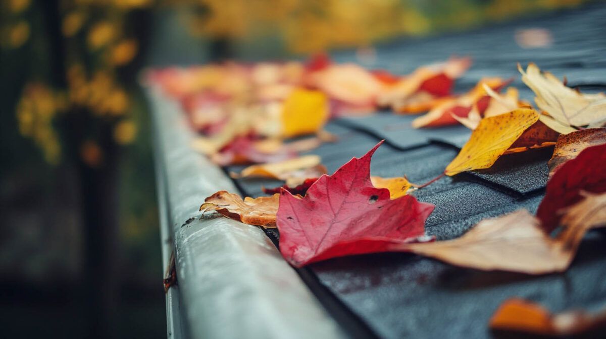 Autumn leaves scattered on a wet sidewalk curb, with a red leaf in focus