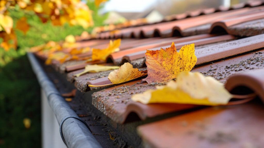 Autumn leaves resting on a reddish-brown tiled roof with a blurred background