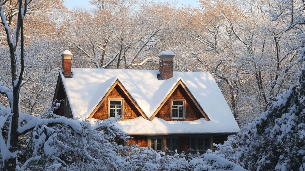 Snow-covered cottage with lit windows and frosty trees in a winter landscape
