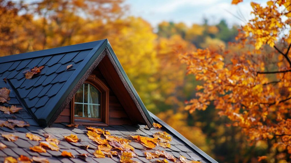 Autumn cabin roof with fallen leaves and a blurred orange forest background