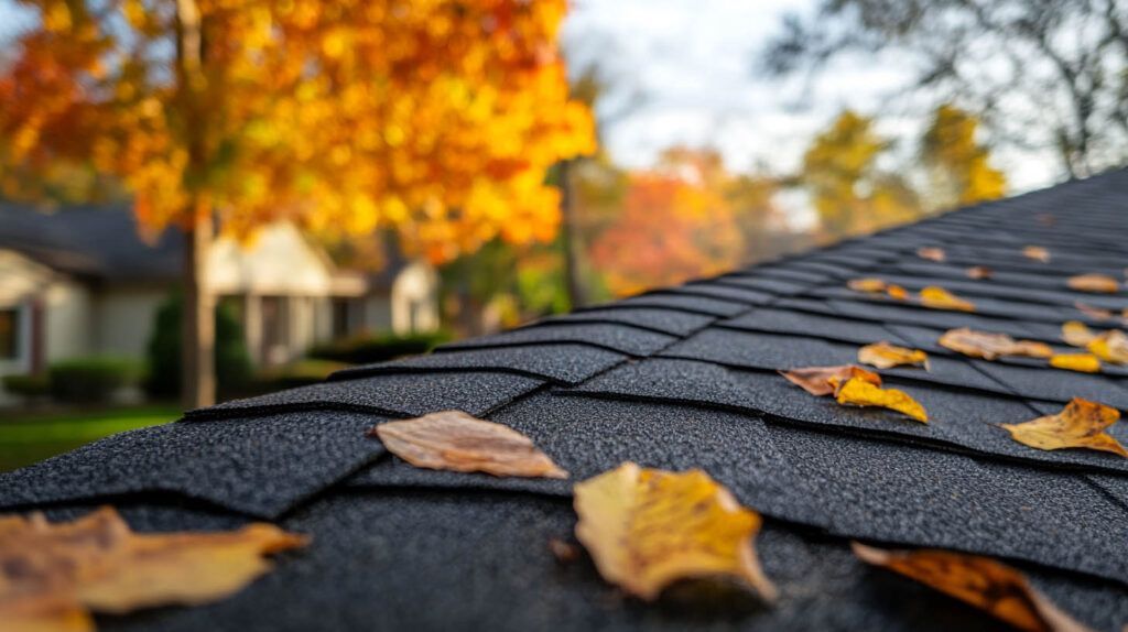 Autumn leaves scattered on a dark shingled roof in a suburban neighborhood