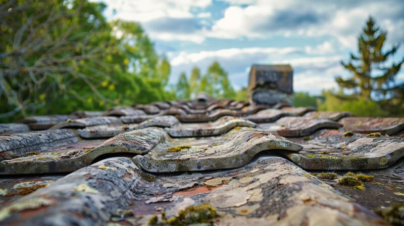 Close-up of weathered shingles on a rustic roof, with a blurred chimney and trees under a cloudy sky.