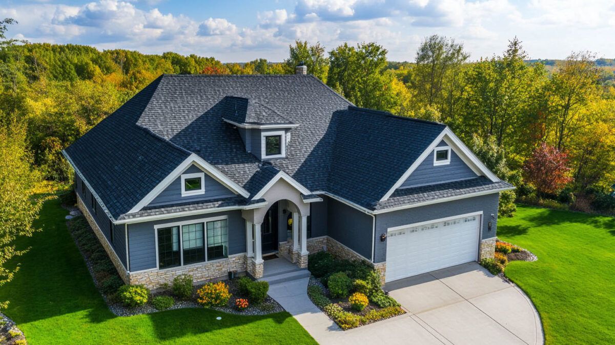 A gray suburban house with a two-car garage, manicured lawn, and trees in the background.