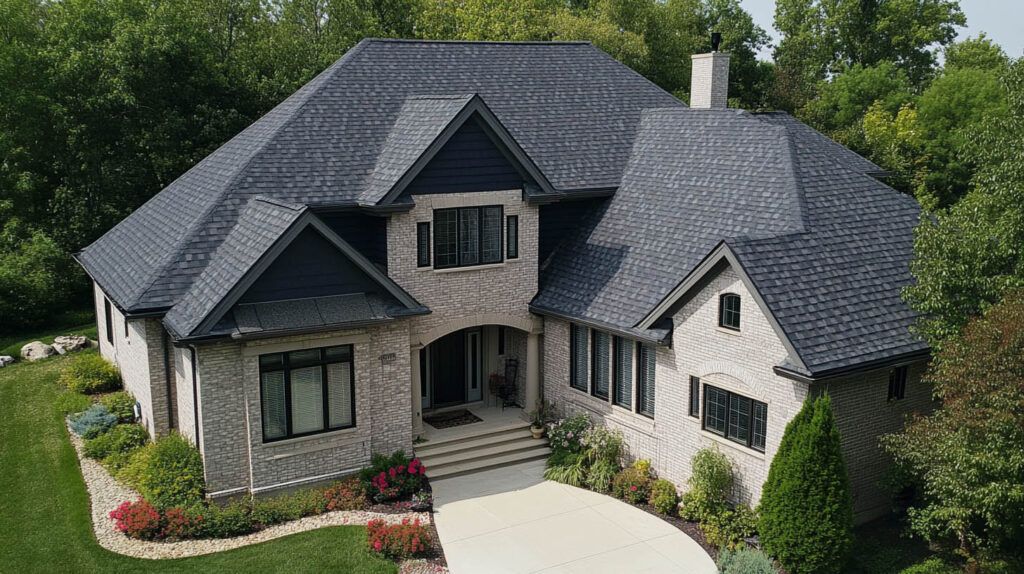 Aerial view of a gray-roofed suburban house with a curved driveway and landscaped front yard