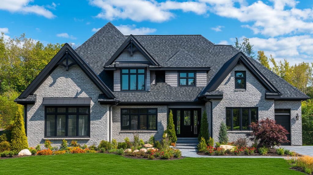Large gray stone house with a dark shingled roof, manicured lawn, and colorful landscaping under a blue sky