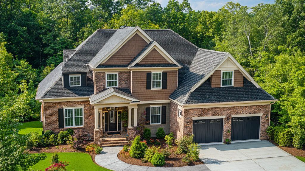 Large two-story brick-and-stone house with a gabled roof, front porch, garage, and landscaped yard