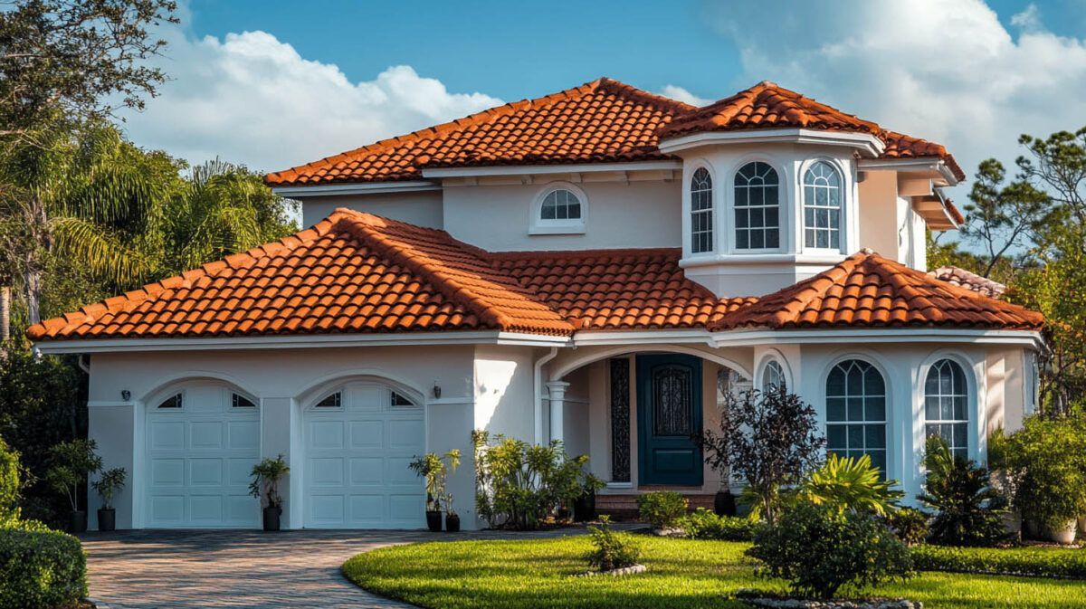 Two-story Mediterranean-style house with red tile roof, white exterior, and a two-car garage under a blue sky