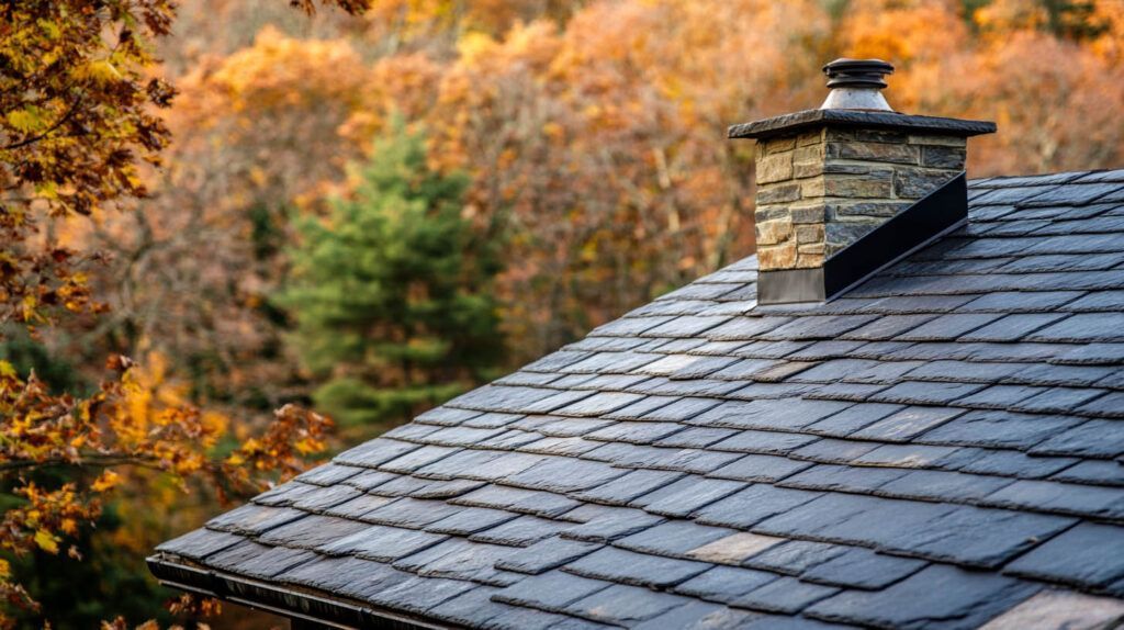 Slate roof with chimney in front of colorful autumn trees